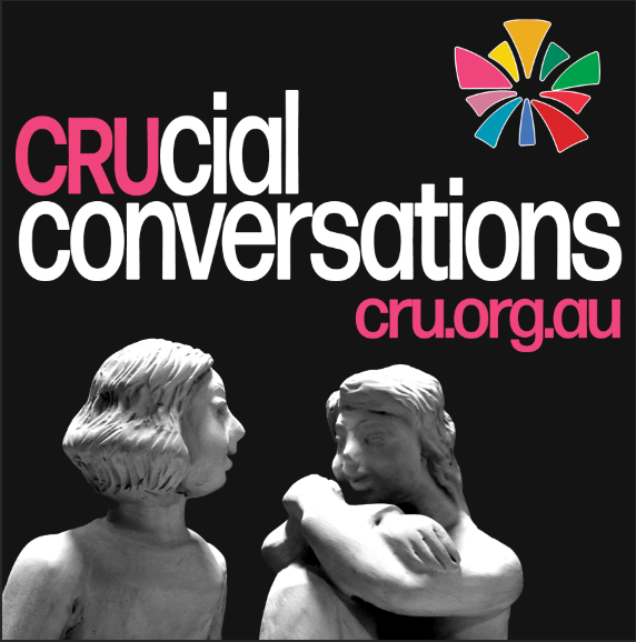 Two clay figures talking with the words above crucial conversations cru.org.au