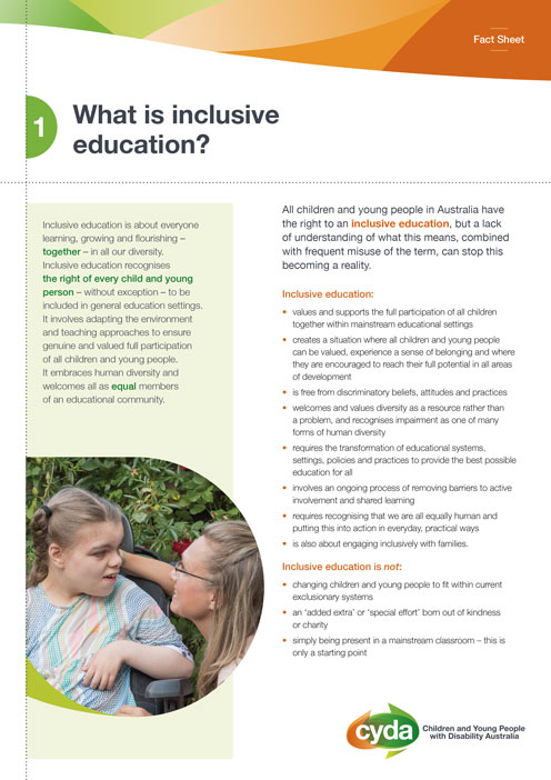 Cover of a fact sheet titled what is inclusive education by CYDA. It includes an image of a mother and daughter looking lovingly at eachother. The daughter is in a wheelchair.