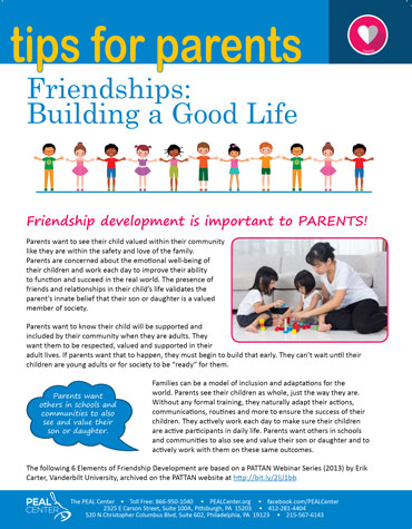 The cover for the factsheet with the title 'tips for parents - friendships: building a good life' and it is published by the Peal Center.