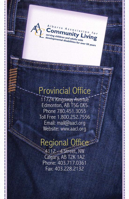 Image of paper guide for Alberta Association Community Living (AACL) in pants back pocket. 