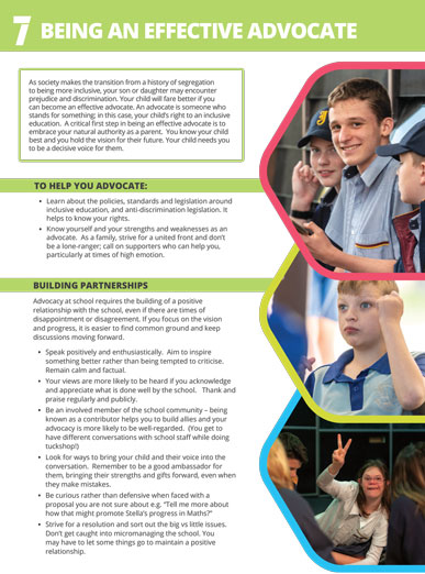 The cover of factsheet 7 - being an effective advocate. It has three images of children with disability happy in their local school with their friends who do not appear to have disability