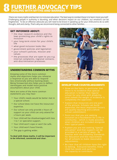 The cover of factsheet 8 - dealing with myths and barriers. It has a young man with disability in his school uniform playing sport on an oval with his peers at school