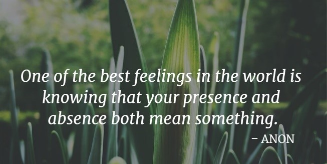 An image of grass with text on top that reads "one of the best feelings in the world is knowing that your presence and absence both mean something'. Credited to anon.