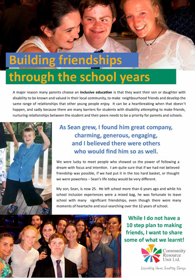 The cover of the article 'building friendships through the school years'. It has many images of Sean and his close friends throughout his life.