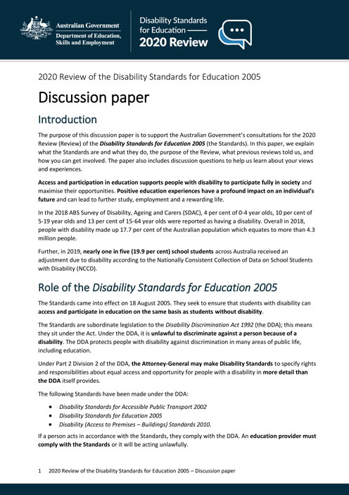 The Front page of the discussion paper of the 2020 review of the disability standards for education 2005
