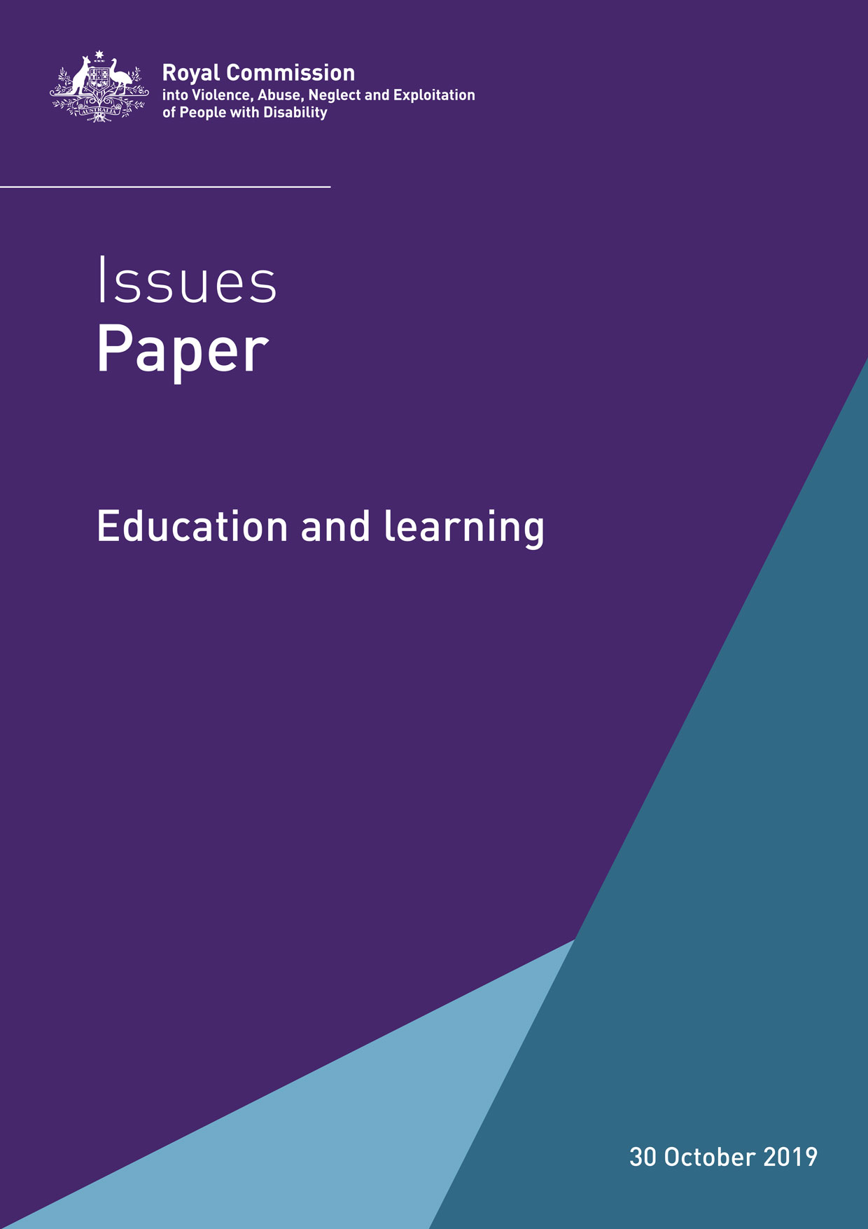 The purple cover of the disability royal commission issues paper. It has the title Issues Paper: Education and learning
