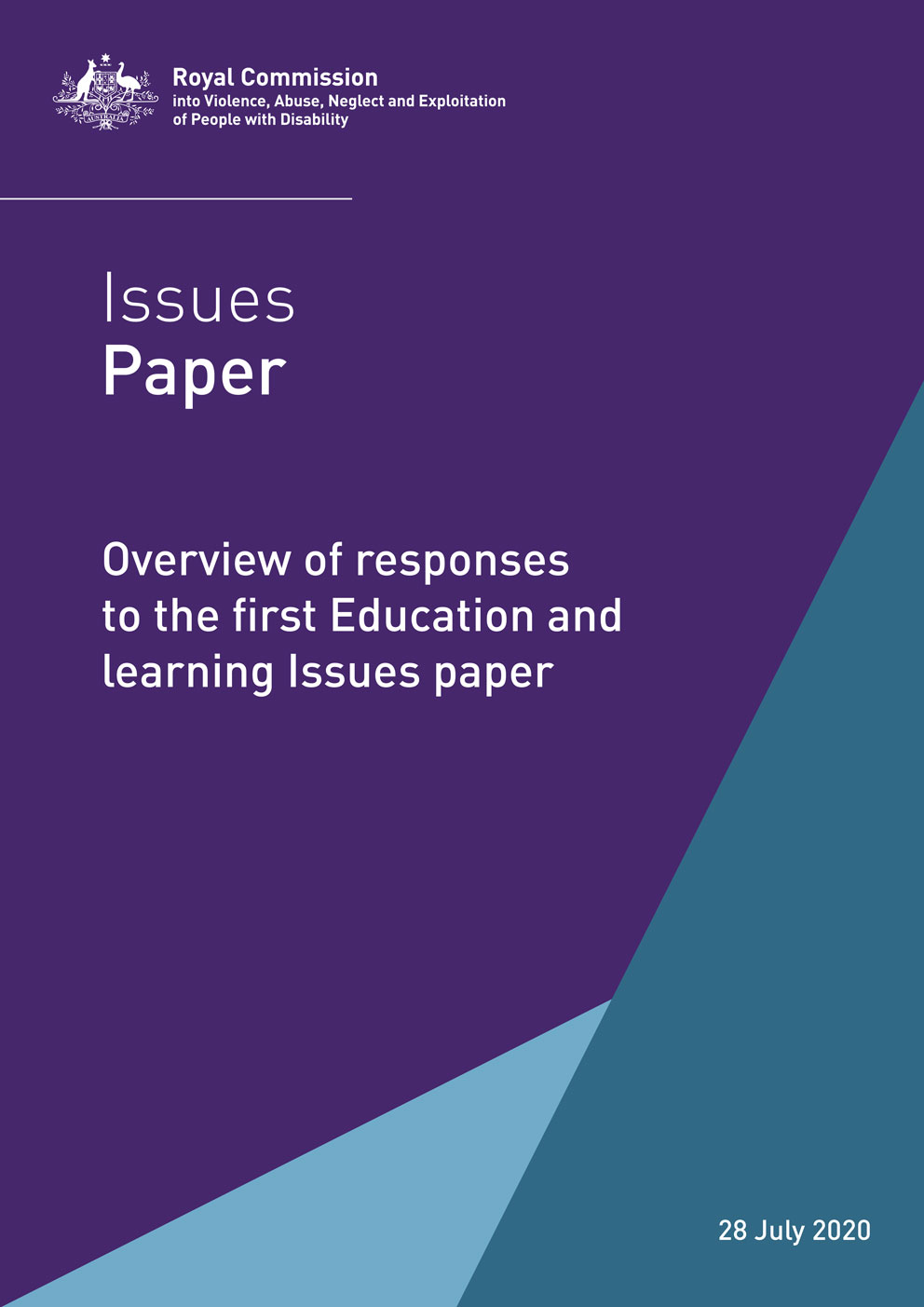 The purple cover of the disability royal commission issues paper. It has the title Issues Paper: Overview of responses to the first education and learning issues paper