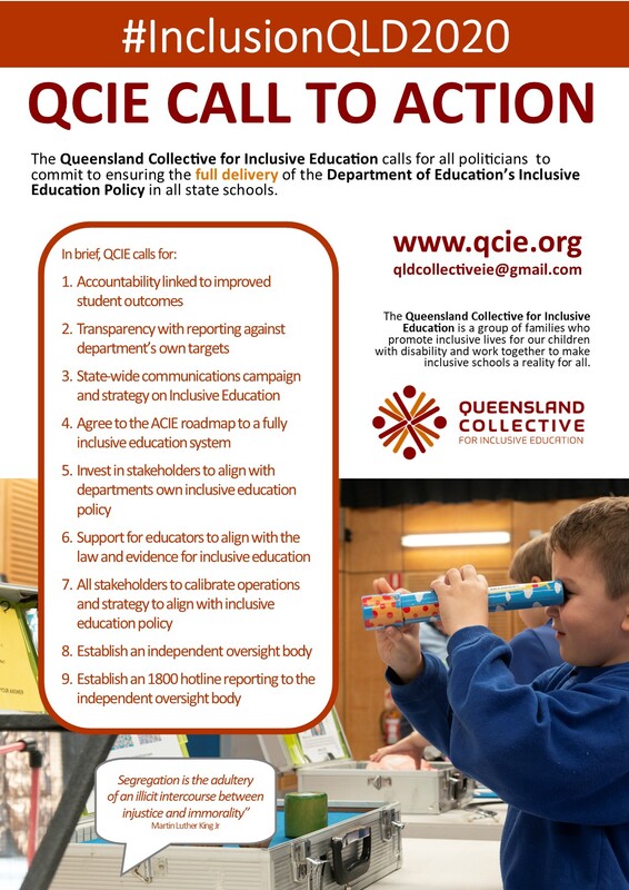 The cover of the QCIE call to action poster. It includes the hashtag #inclusionQLD2020 and a list of the issues QCIE seeks to highlight. It includes an image of a young boy looking down a cardboard tube like a telescope