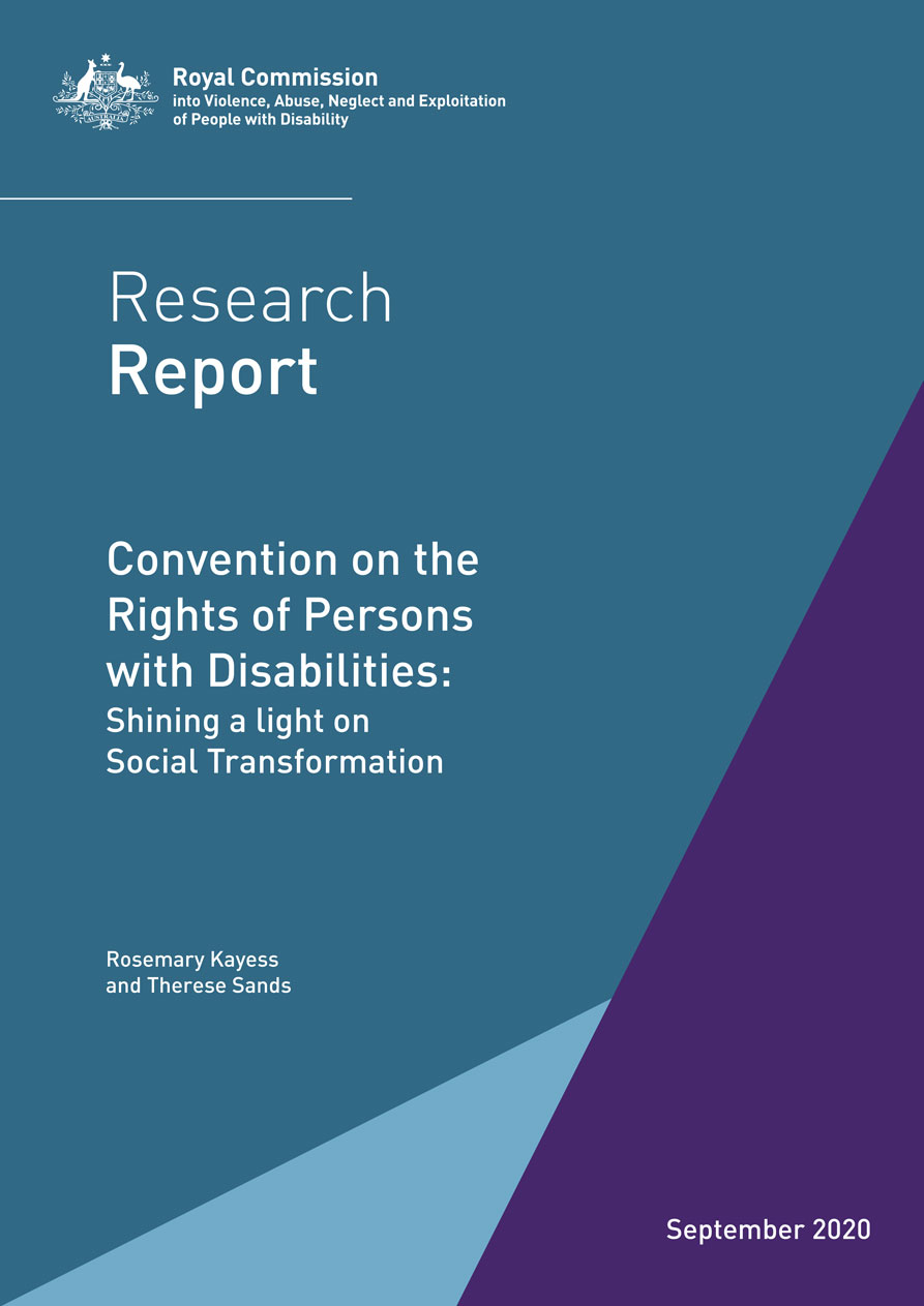 The blue cover of the research report by the disability royal commission: ReportConvention on the Rights of Persons with Disabilities: Shining a light on Social Transformation
