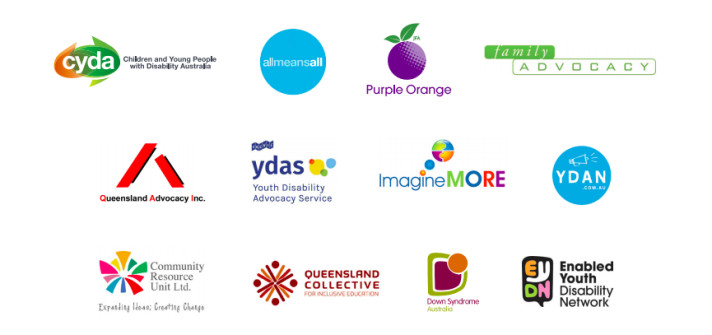 The 12 logos of the member organisations of acie. CYDA, All means all, Purple Orange, Family Advocacy, QAI, YDAS, Imagine MOre, YDAN, CRU, QCIE, Down Syndrome Australia and Enabled Youth Disability Network