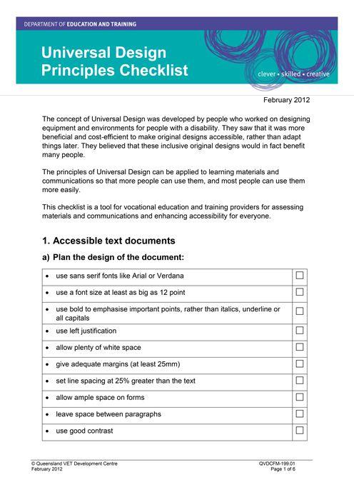 The front page of the Universal Design Principles Checklist