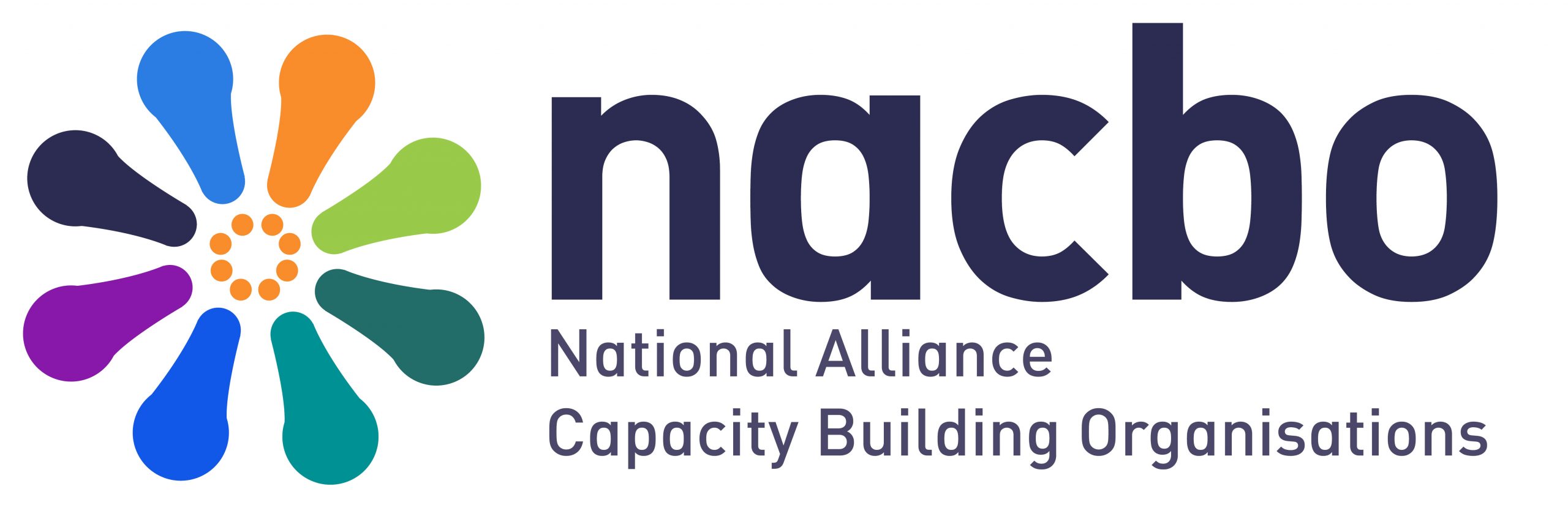 A logo of 8 coloured petals with an orange circle in the middle. It has the word nacbo then National Alliance of Capacity Building Organisations