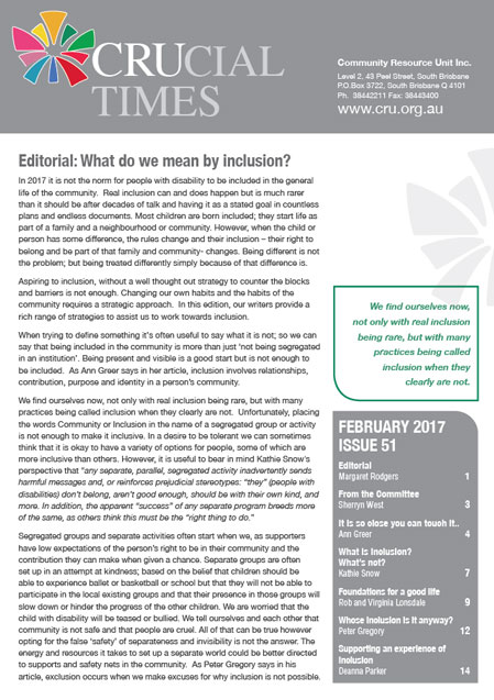 The cover page of crucial times edition 51: What do we mean by inclusion?