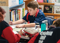 A young male student focussed on this work in a classroom of other students