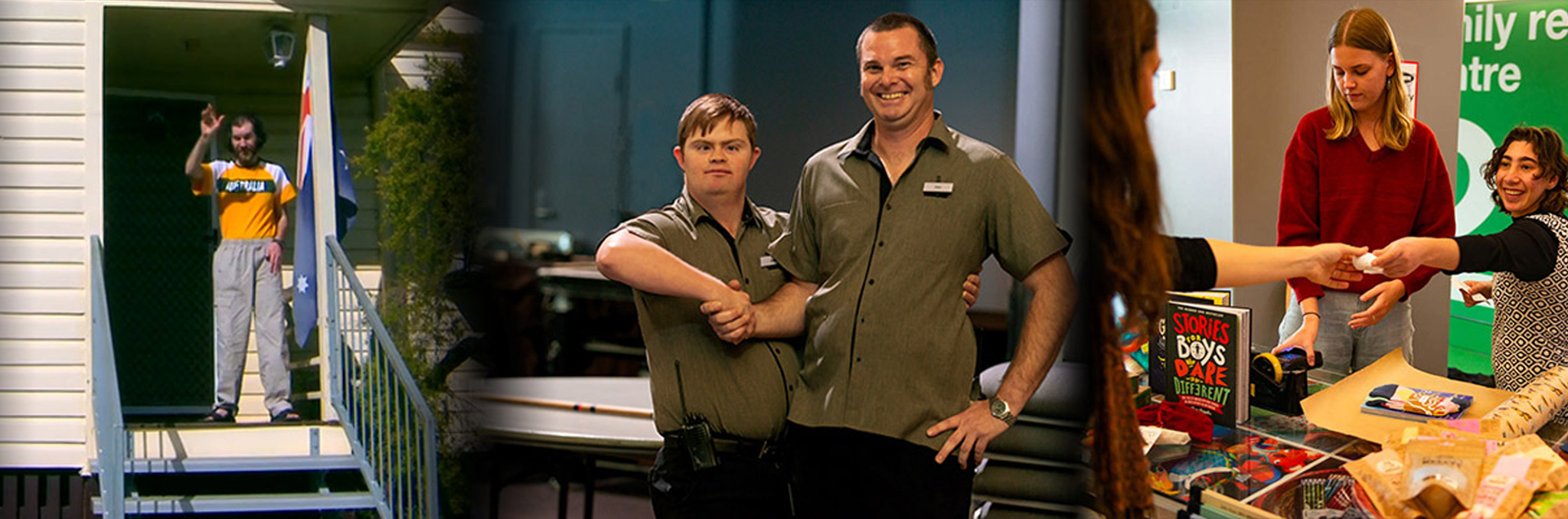 Images of a man waving from the front steps of his home, 2 men in the same work uniform, one with a disability, shaking hands and smiling, and a woman with disability handing a receipt to a customer of her shop