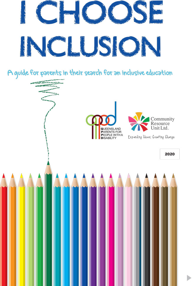 A line of rainbow colour ordered pencils under the title I Choose Inclusion: A guide for parents in their search for an inclusive education