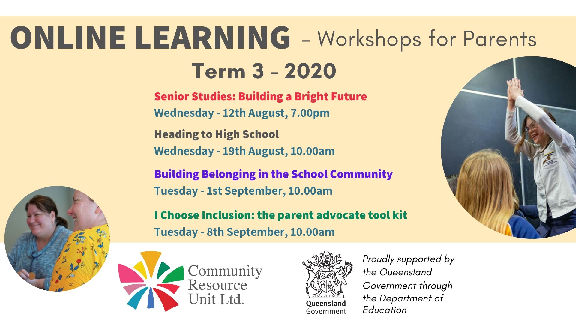 banner image for online learning workshops for parents. It lists the upcoming events which can be seen on the event page