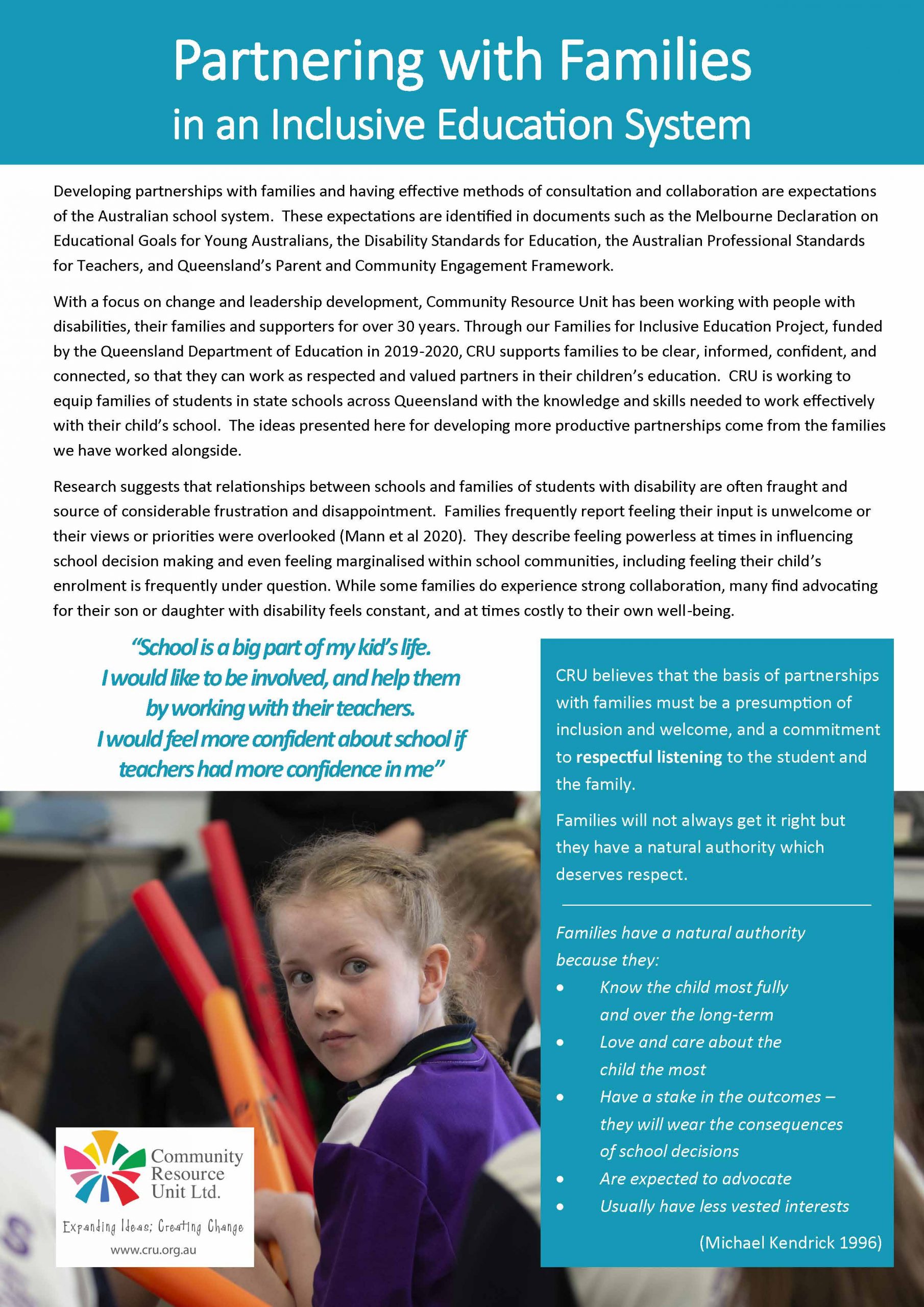 CRU branded flyer Partnering with Families in an Inclusive Education System