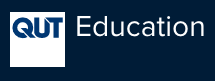 A blue logo with the text QUT Education