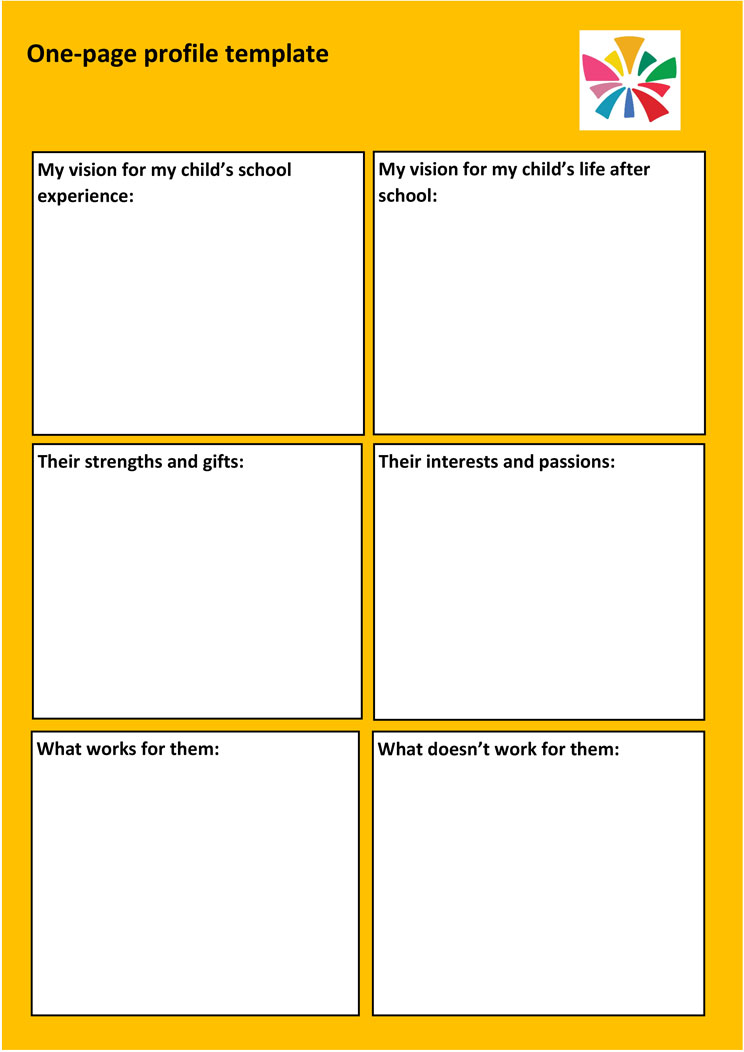 Yellow page with white boxes to fill in information, titled One-page profile template