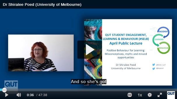 A screenshot of a video. It includes an image of the presenter and the slide title which is Positive Behaviour for Learning: Misconceptions, Myths and Missed Opportunities by Dr Shiralee Poed, University of Melbourne