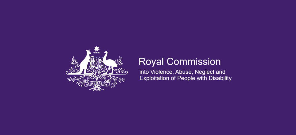 On a purple background, Australian Gov crest with Royal Commission into Violence, Abuse, Neglect and Exploitation of People with Disability