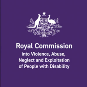 On a purple background, Australian Gov crest with Royal Commission into Violence, Abuse, Neglect and Exploitation of People with Disability