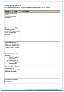 Page 1 of the Worksheet Developing a Pitch
