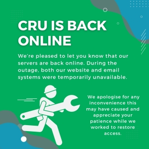 Illustration of man running holding large spanner and text reading CRU is Back online.