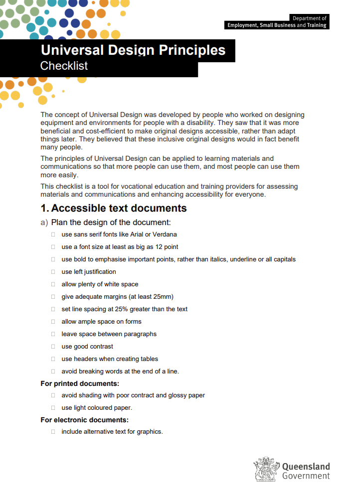 Universal Design Principles checklist screenshot and link to PDF resource