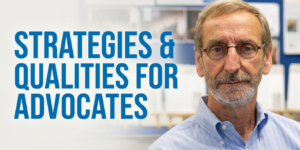Michael Kendrick wearing glasses and a blue collard shirt alongside text "Strategies & Qualities for Advocates